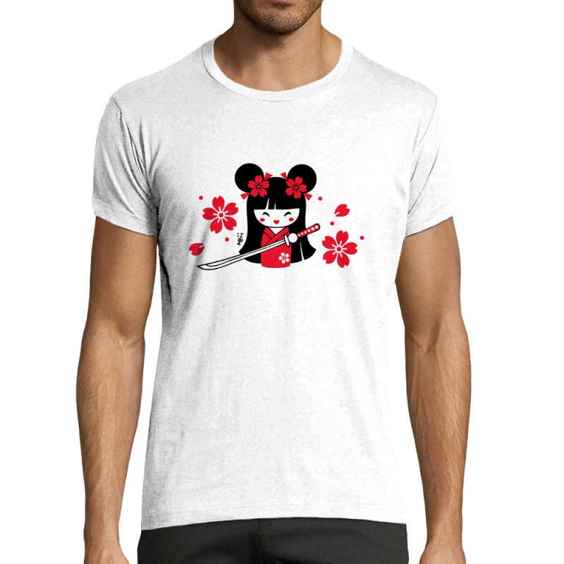 T-shirt homme fit blanc Samouraï Girl (Fantine,Manga Kawaï japan)