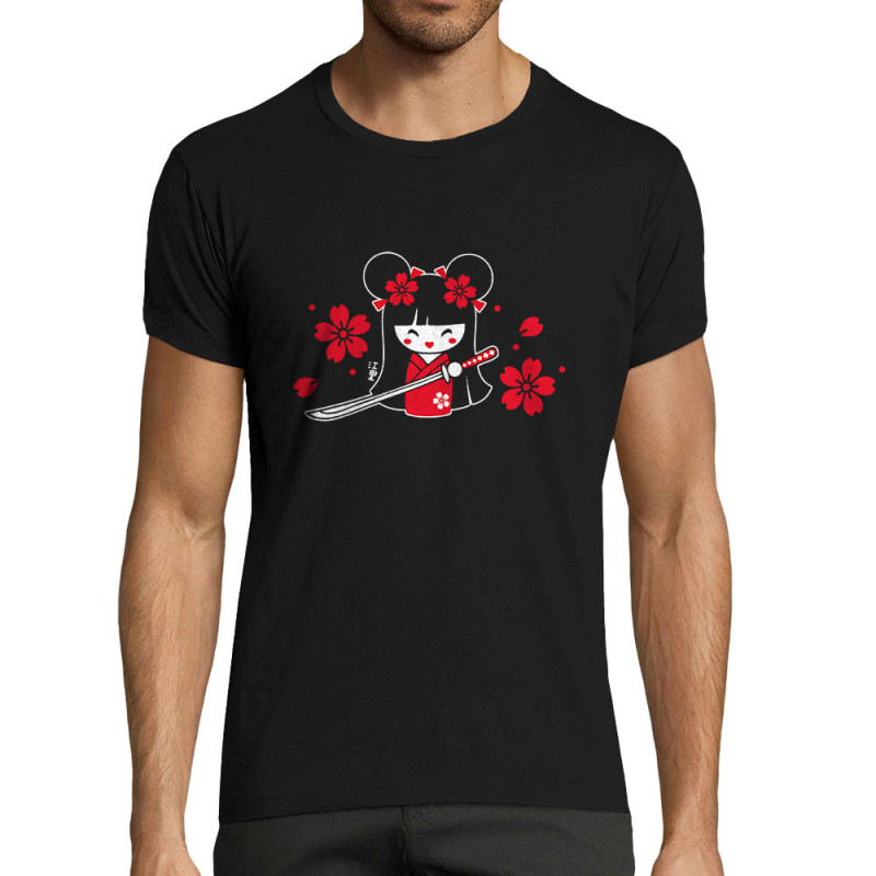 T-shirt homme fit noir Samouraï Girl (Fantine,Manga Kawaï japan)