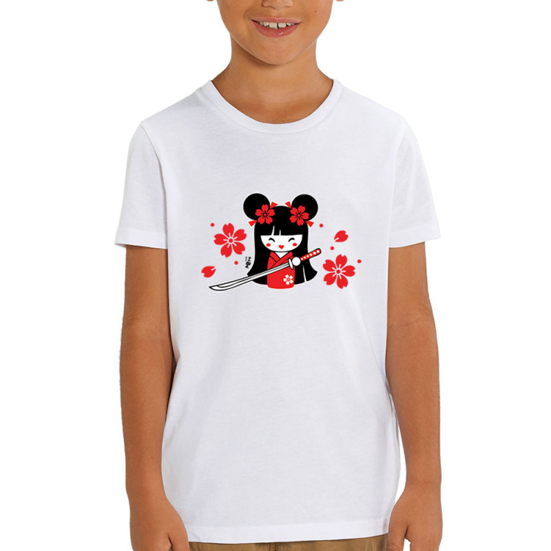 T-shirt enfant coton bio blanc Samouraï Girl (Fantine,Manga Kawaï japan)