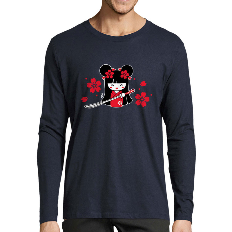 T-shirt homme manches longues bleu marine Samouraï Girl (Fantine,Manga Kawaï japan)