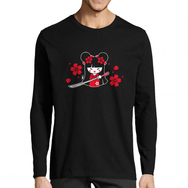 T-shirt homme manches longues noir Samouraï Girl (Fantine,Manga Kawaï japan)