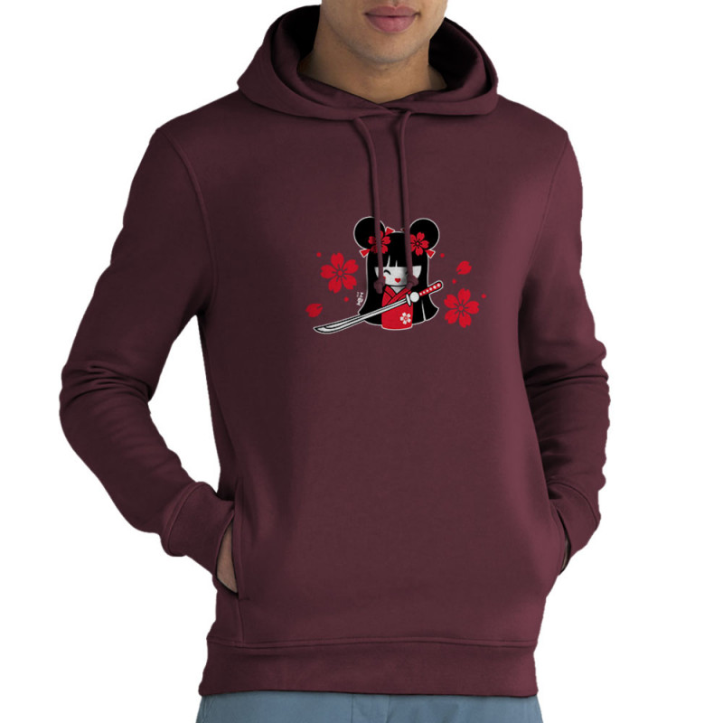 Sweat homme à capuche coton bio bordeaux Samouraï Girl (Fantine,Manga Kawaï japan)