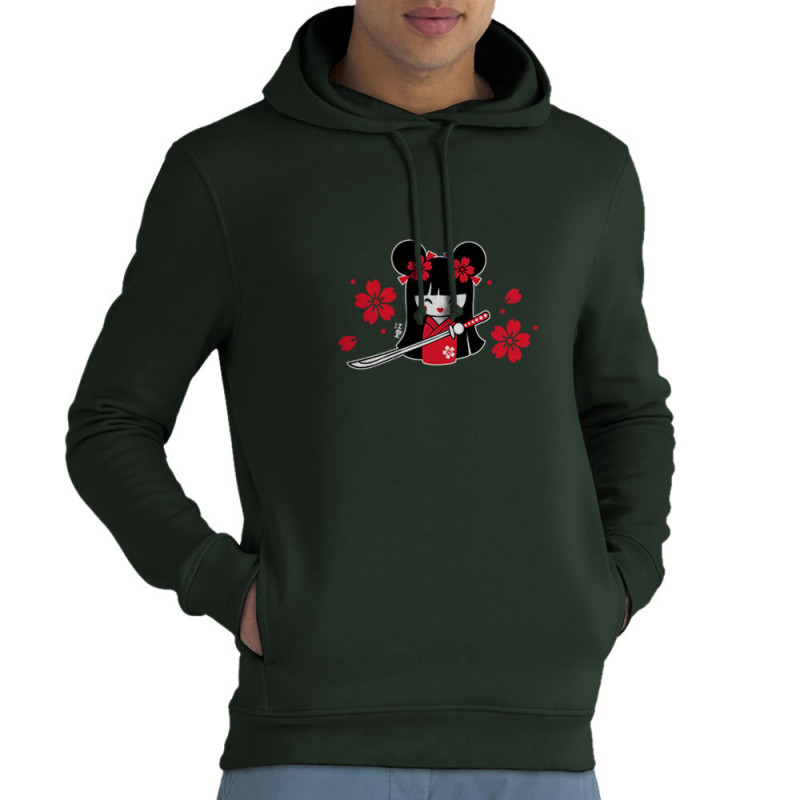 Sweat homme à capuche coton bio vert foncé Samouraï Girl (Fantine,Manga Kawaï japan)