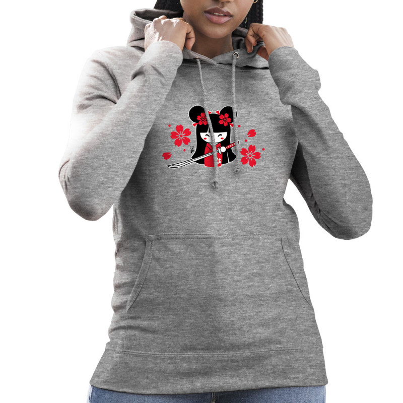 Sweat femme à capuche gris chiné Samouraï Girl (Fantine,Manga Kawaï japan)
