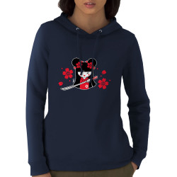 Sweat femme à capuche coton bio bleu marine Samouraï Girl (Fantine,Manga Kawaï japan)