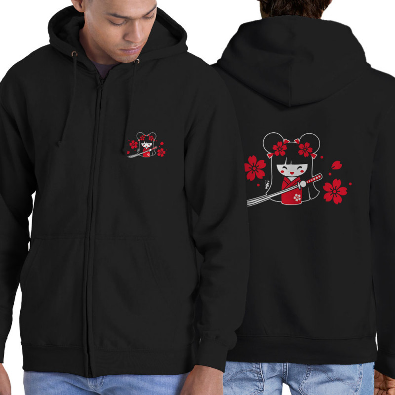 Sweat homme à capuche zippé noir Samouraï Girl (Fantine,Manga Kawaï japan)