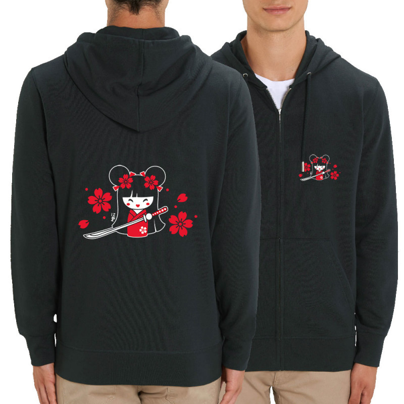 Sweat homme zippé à capuche coton bio noir Samouraï Girl (Fantine,Manga Kawaï japan)