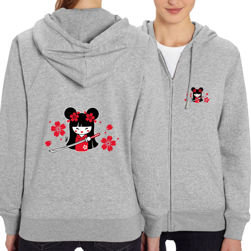 Sweat femme zippé à capuche coton bio gris chiné Samouraï Girl (Fantine,Manga Kawaï japan)