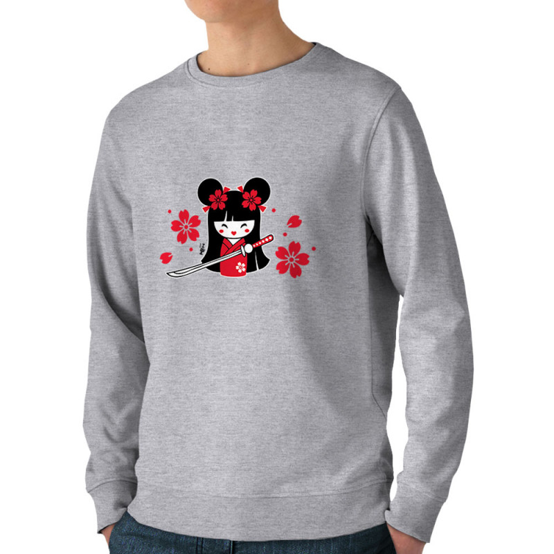Sweat homme bio col rond gris chiné Samouraï Girl (Fantine,Manga Kawaï japan)