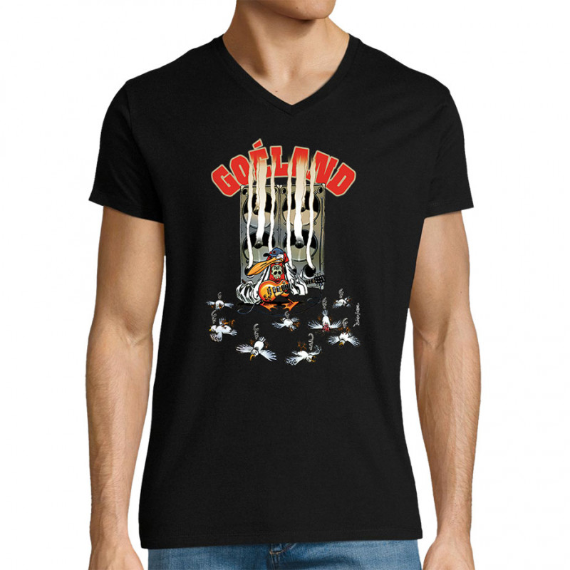 T-shirt homme col V noir Goéland Guitare héros (Goéland,Animaux)