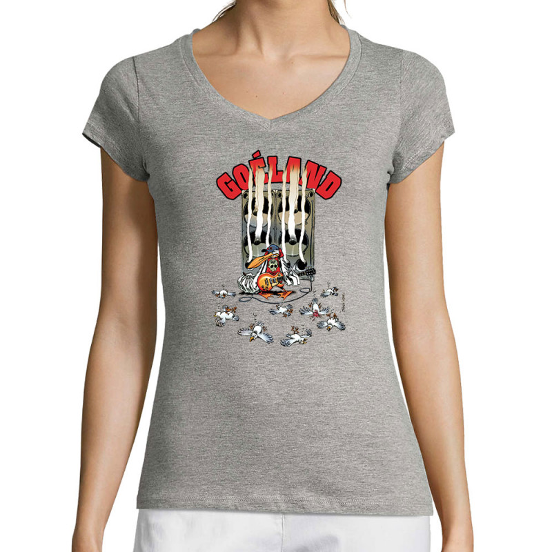 T-shirt femme col V gris chiné Goéland Guitare héros (Goéland,Animaux)