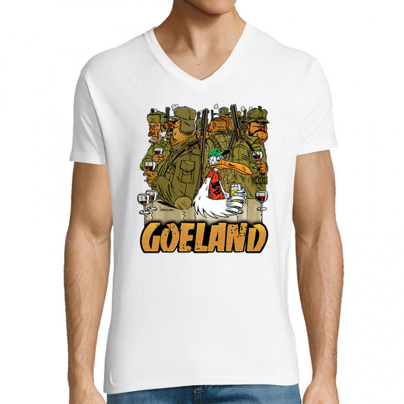 T-shirt homme col V blanc Goéland Chasseurs (Goéland,Animaux)