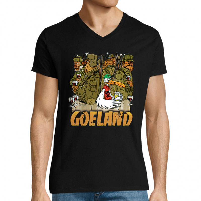 T-shirt homme col V noir Goéland Chasseurs (Goéland,Animaux)