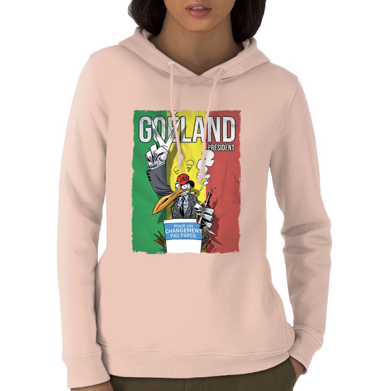 Sweat femme à capuche coton bio rose clair Goéland Président (Animaux,Goéland,Elections)
