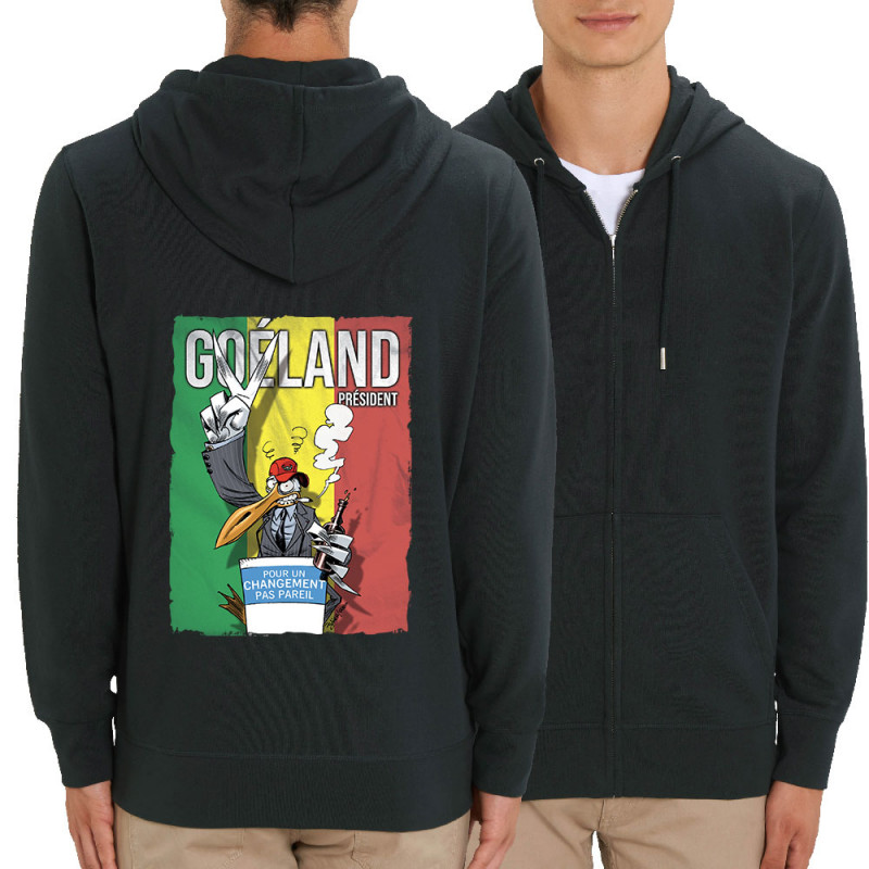 Sweat homme zippé à capuche coton bio noir Goéland Président (Animaux,Goéland,Elections)