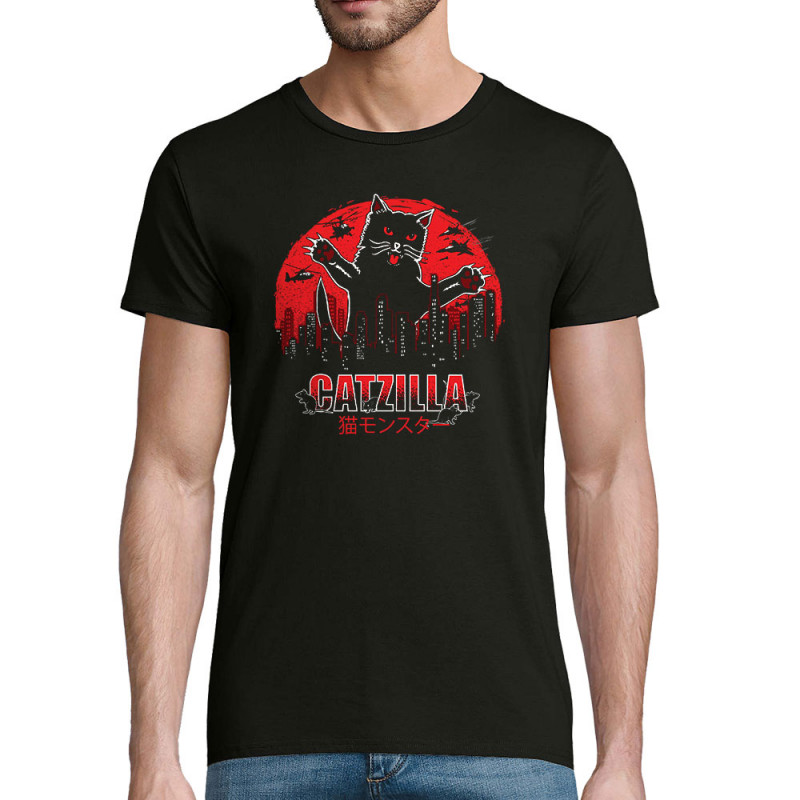 T-shirt homme coton bio noir Catzilla (Gondrax,Animaux,Chats)