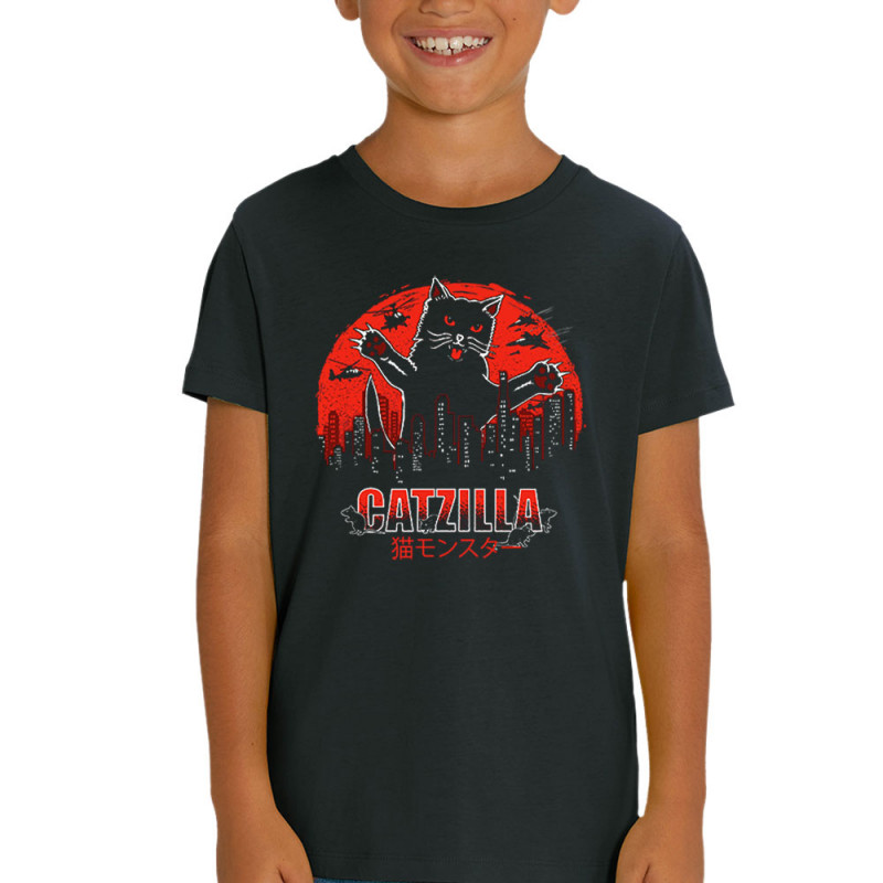 T-shirt enfant coton bio noir Catzilla (Gondrax,Animaux,Chats)