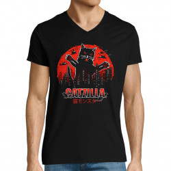 T-shirt homme col V noir Catzilla (Gondrax,Animaux,Chats)