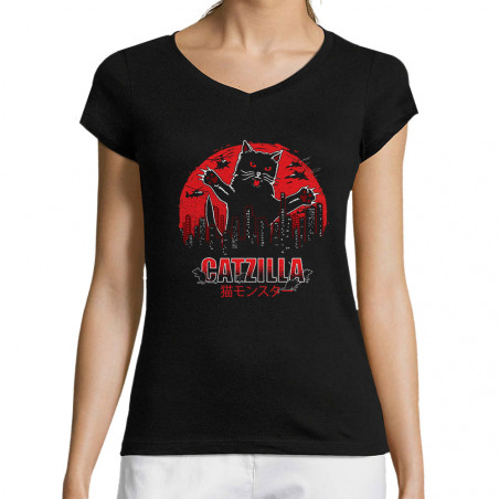 T-shirt femme col V "Catzilla"