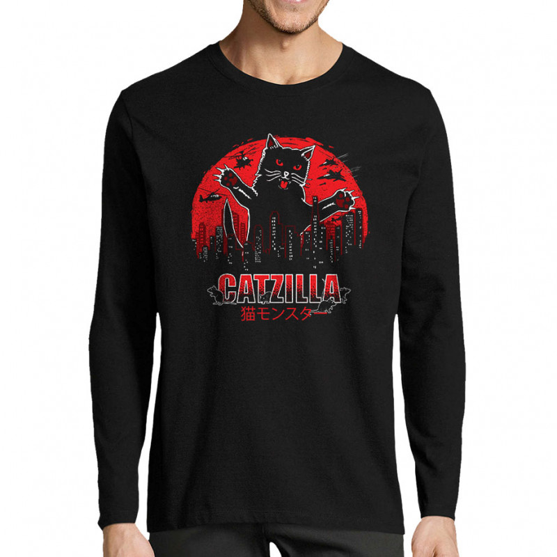T-shirt homme manches longues noir Catzilla (Gondrax,Animaux,Chats)