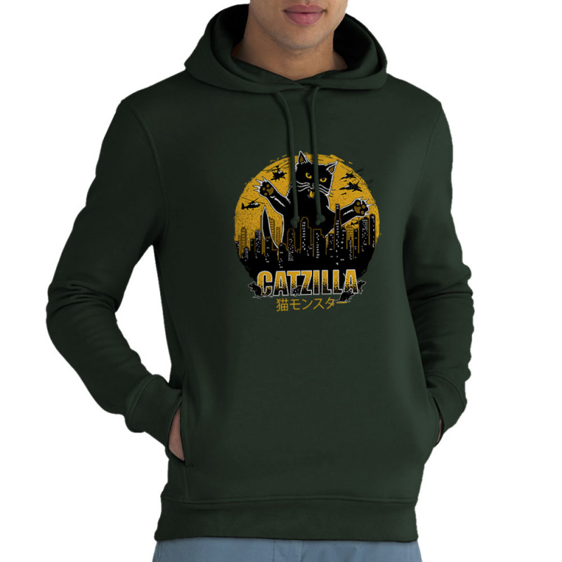 Sweat homme à capuche coton bio vert foncé Catzilla (Gondrax,Animaux,Chats)