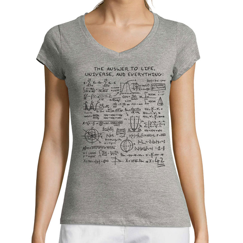 T-shirt femme col V gris chiné The Answer to Life 42 (Le Duc,Jeux Vidéo / Geek)