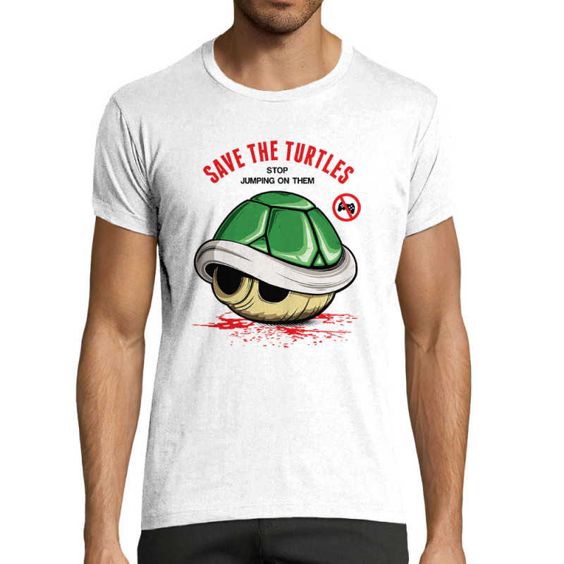 T-shirt homme fit blanc Save the turtles (Le Duc,Jeux Vidéo / Geek)