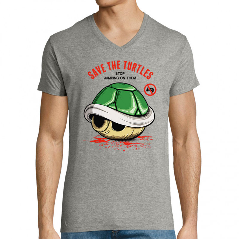 T-shirt homme col V gris chiné Save the turtles (Le Duc,Jeux Vidéo / Geek)