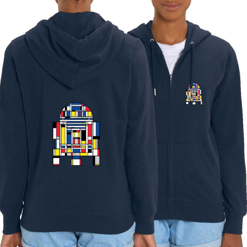 Sweat femme zippé à capuche coton bio bleu marine R2D2 Mondrian (Le Duc,Films/Séries,Star Wars)