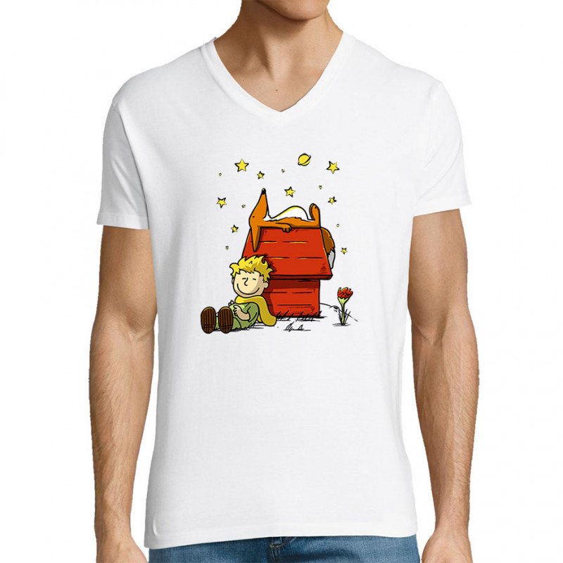 T-shirt homme col V blanc Le Petit Prince Peanuts (Le Duc,Humour,Animaux,Manga Kawaï japan)