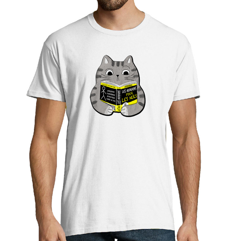 Tee-shirt homme blanc Les humains pour les nuls (Gondrax,Animaux,Chats,Humour,Devoirs de vacances)