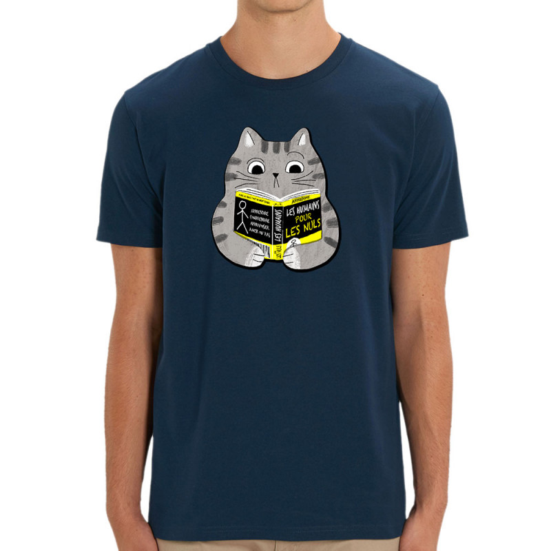 T-shirt homme coton bio bleu marine Les humains pour les nuls (Gondrax,Animaux,Chats,Humour,Devoirs de vacances)
