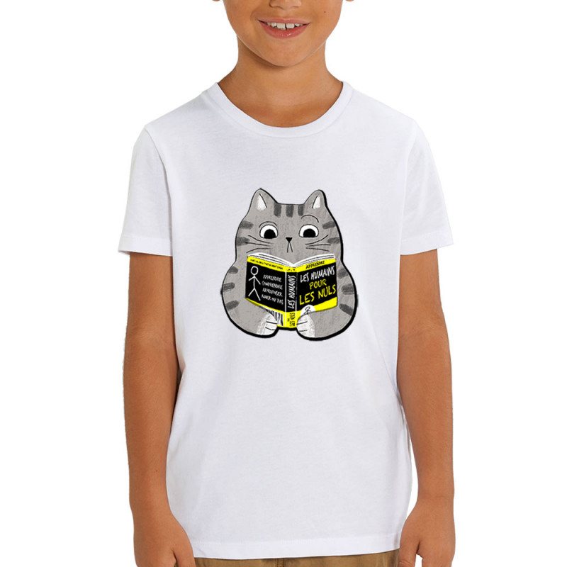 T-shirt enfant coton bio blanc Les humains pour les nuls (Gondrax,Animaux,Chats,Humour,Devoirs de vacances)