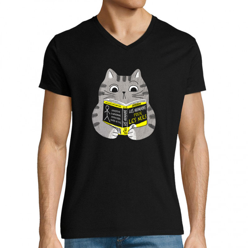T-shirt homme col V noir Les humains pour les nuls (Gondrax,Animaux,Chats,Humour,Devoirs de vacances)