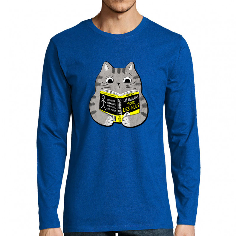 T-shirt homme manches longues bleu royal Les humains pour les nuls (Gondrax,Animaux,Chats,Humour,Devoirs de vacances)
