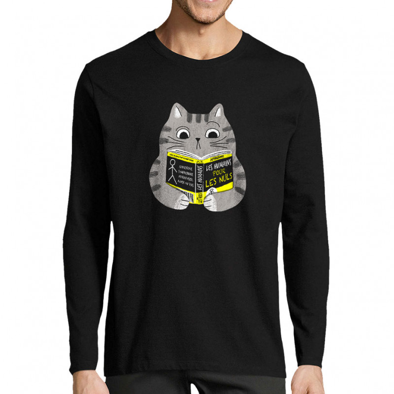 T-shirt homme manches longues noir Les humains pour les nuls (Gondrax,Animaux,Chats,Humour,Devoirs de vacances)