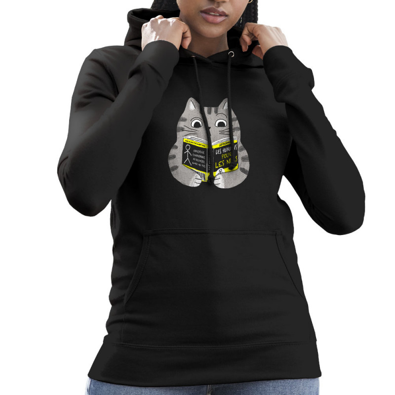 Sweat femme à capuche noir Les humains pour les nuls (Gondrax,Animaux,Chats,Humour,Devoirs de vacances)