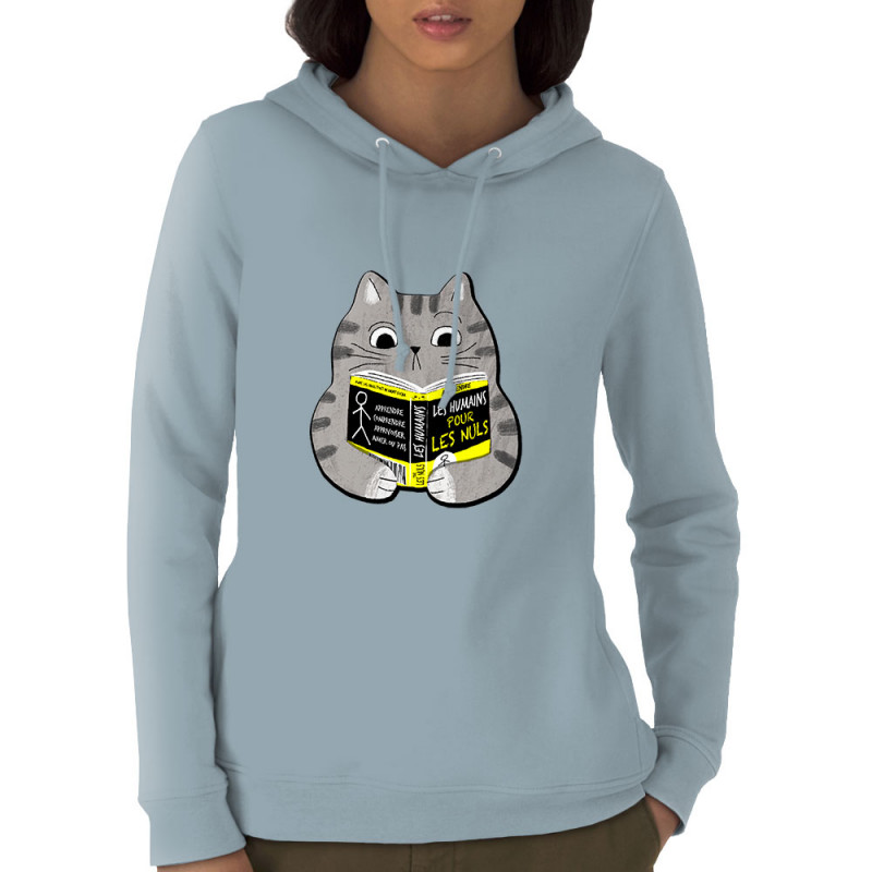 Sweat femme à capuche coton bio bleu ciel Les humains pour les nuls (Gondrax,Animaux,Chats,Humour,Devoirs de vacances)