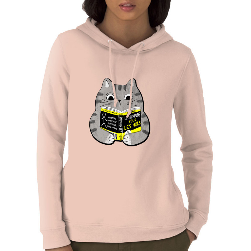Sweat femme à capuche coton bio rose clair Les humains pour les nuls (Gondrax,Animaux,Chats,Humour,Devoirs de vacances)
