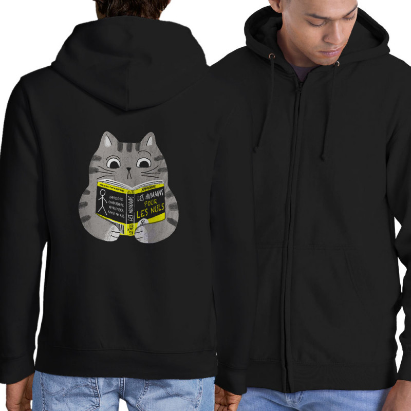 Sweat homme à capuche zippé noir Les humains pour les nuls (Gondrax,Animaux,Chats,Humour,Devoirs de vacances)