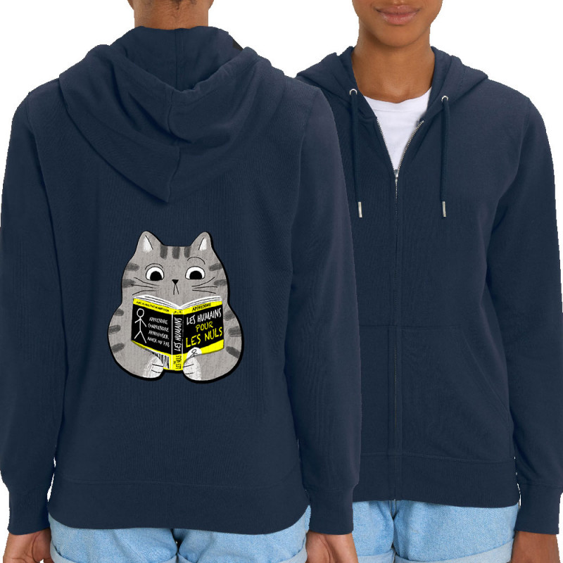 Sweat femme zippé à capuche coton bio bleu marine Les humains pour les nuls (Gondrax,Animaux,Chats,Humour,Devoirs de vacances)