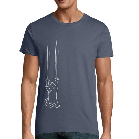T-shirt homme coton bio bleu denim Chat griffes (Gondrax,Animaux,Chats)