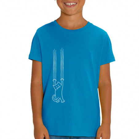 T-shirt enfant coton bio bleu azur Chat griffes (Gondrax,Animaux,Chats)