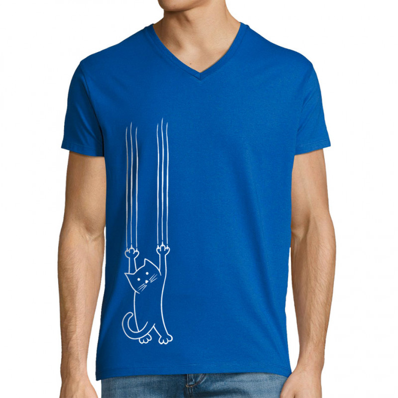 T-shirt homme col V bleu royal Chat griffes (Gondrax,Animaux,Chats)