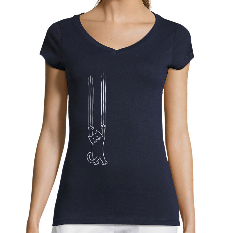 T-shirt femme col V bleu marine Chat griffes (Gondrax,Animaux,Chats)