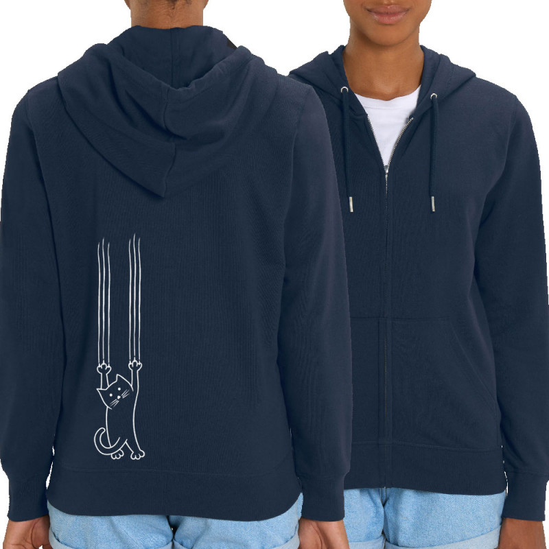 Sweat femme zippé à capuche coton bio bleu marine Chat griffes (Gondrax,Animaux,Chats)