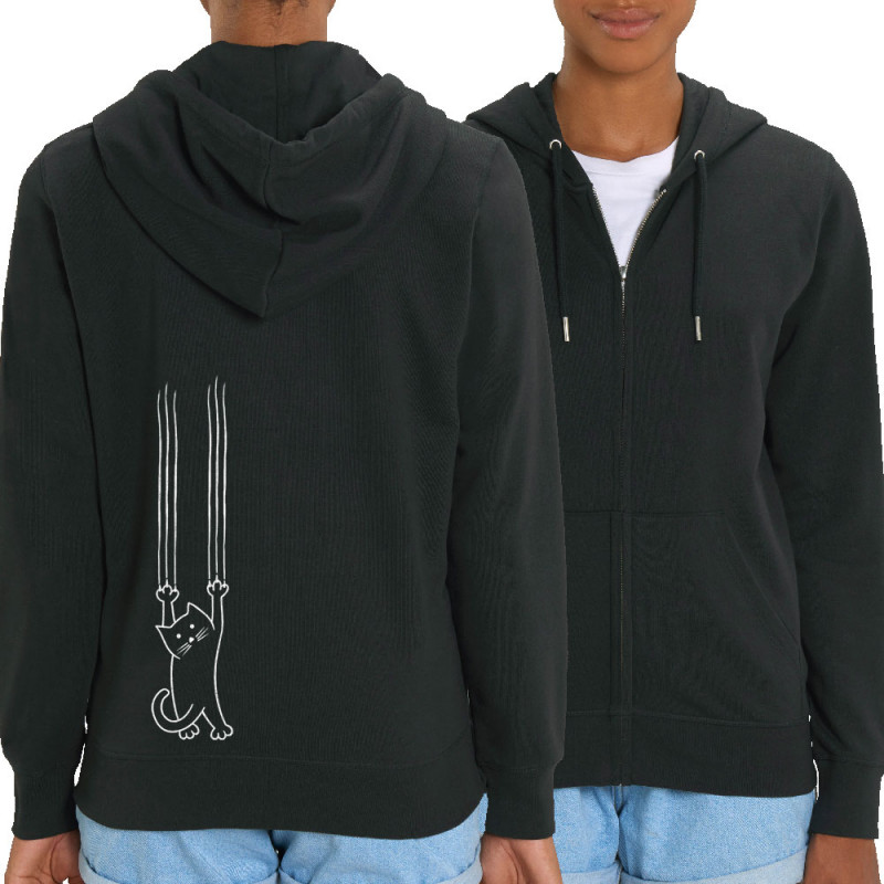 Sweat femme zippé à capuche coton bio noir Chat griffes (Gondrax,Animaux,Chats)
