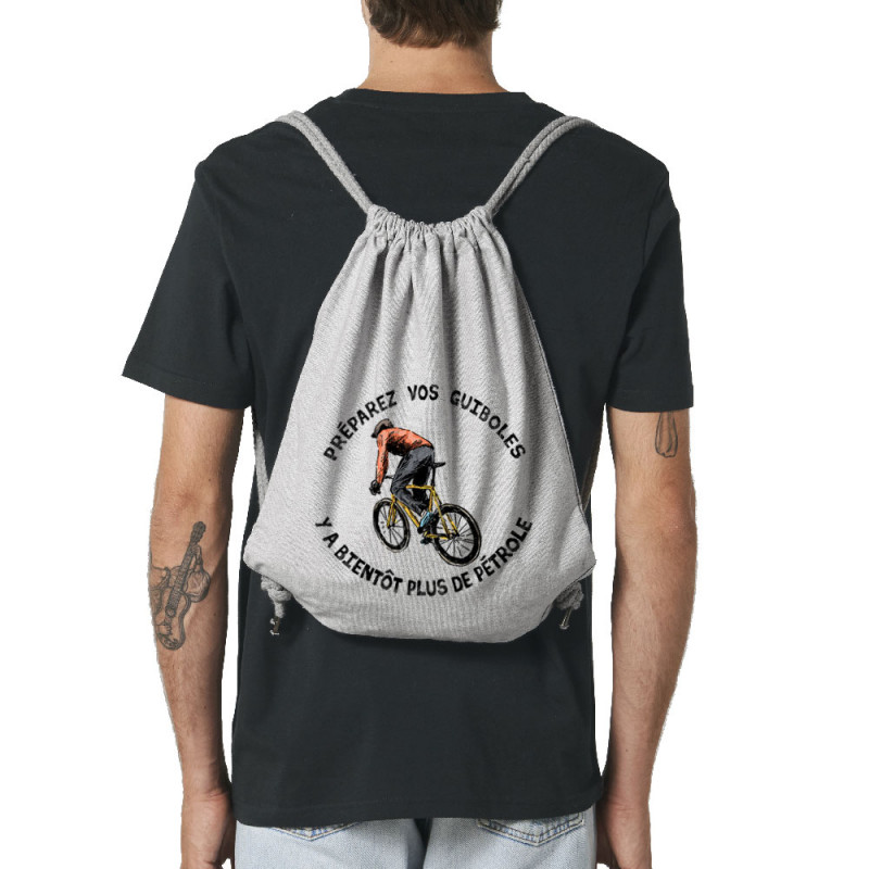 Sac à dos en toile recyclée gris chiné Préparez vos guiboles (Gondrax,Slogans Débiles,Ecologie,Vélo)