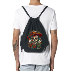 Sac à dos en toile recyclée noir Dia de los muertos (Santa Muerte,Têtes de morts)
