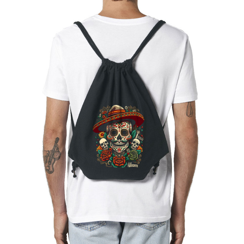 Sac à dos en toile recyclée noir Dia de los muertos (Santa Muerte,Têtes de morts)